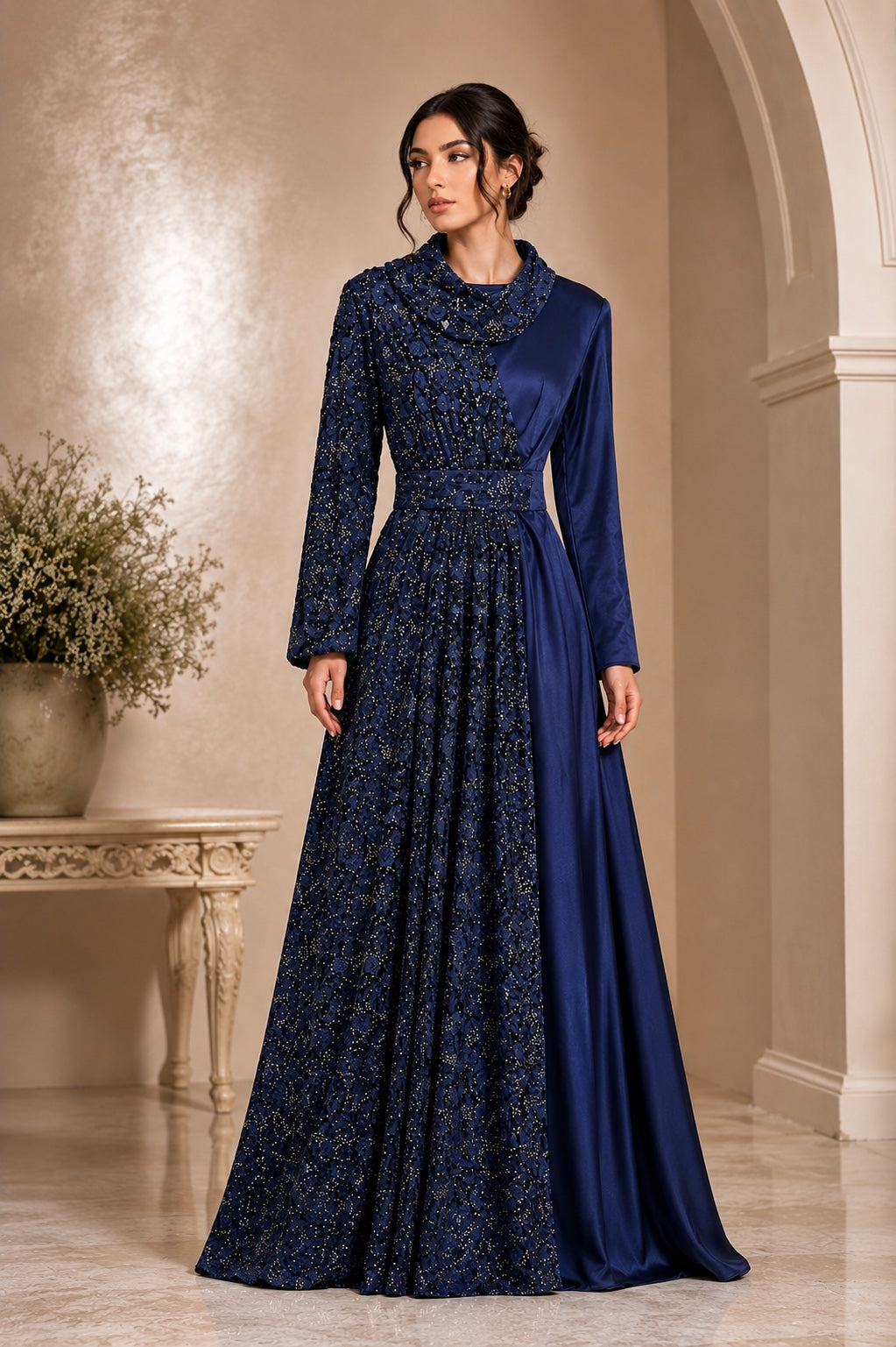 Blue Taffeta Silk with lace drap and straight sleeves